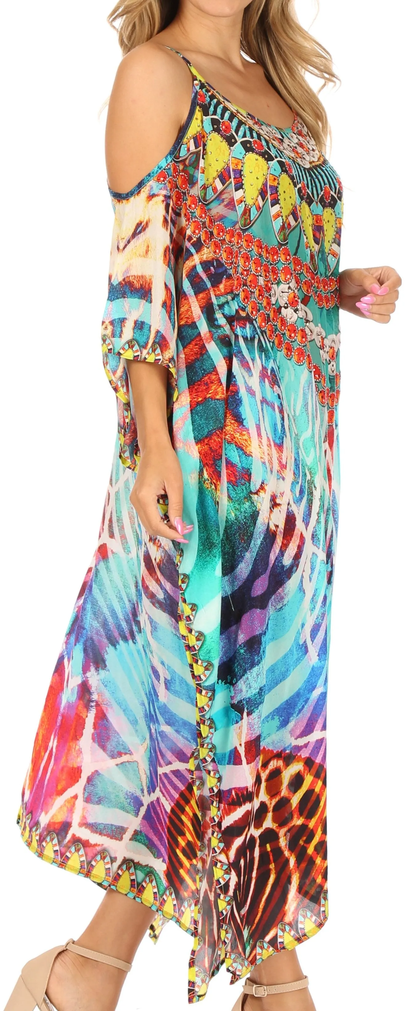 Sakkas Amaya Loose Fit Long Printed Strappy Cutout Shoulder Boat Neck Kaftan Dress