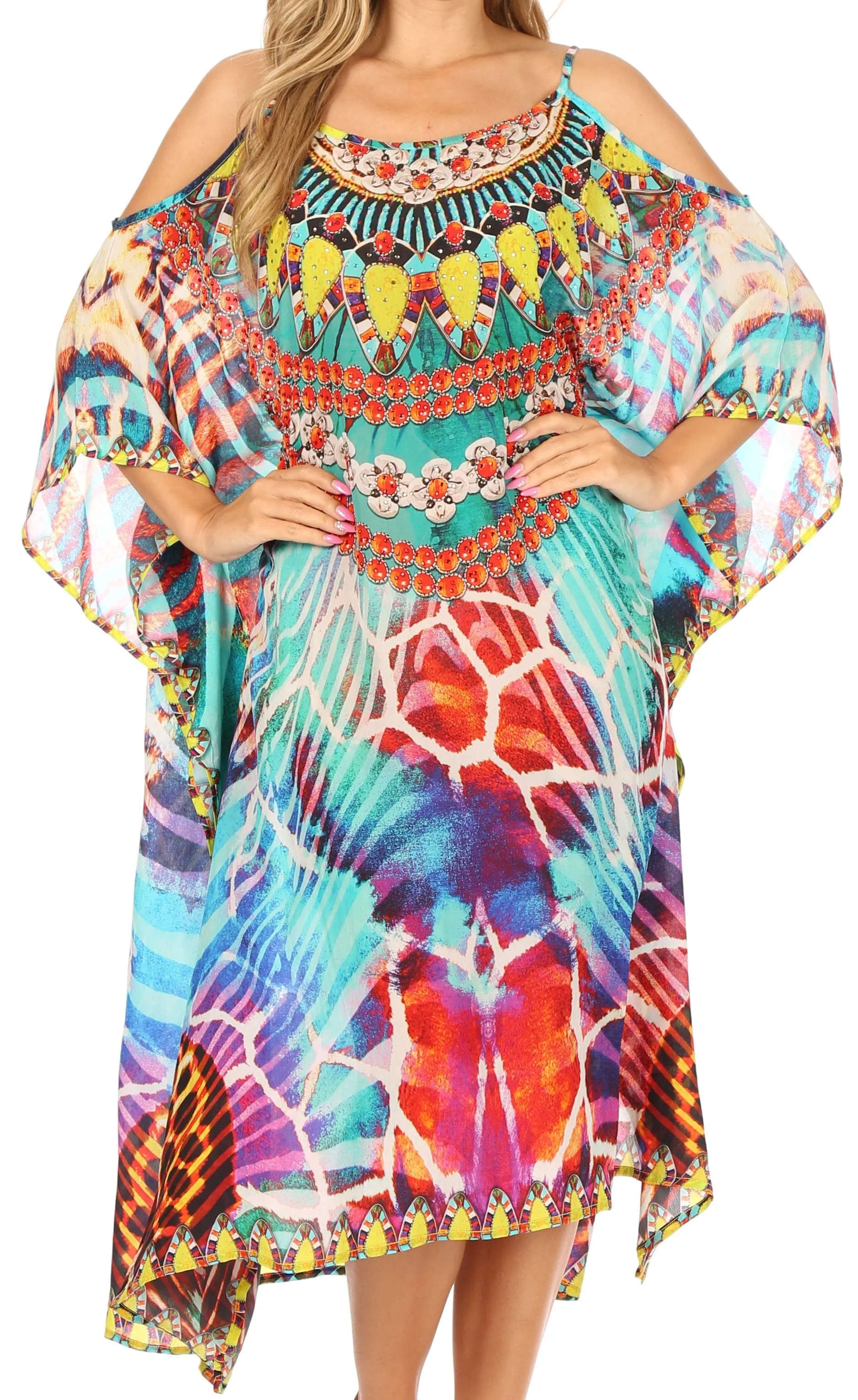 Sakkas Amaya Loose Fit Long Printed Strappy Cutout Shoulder Boat Neck Kaftan Dress