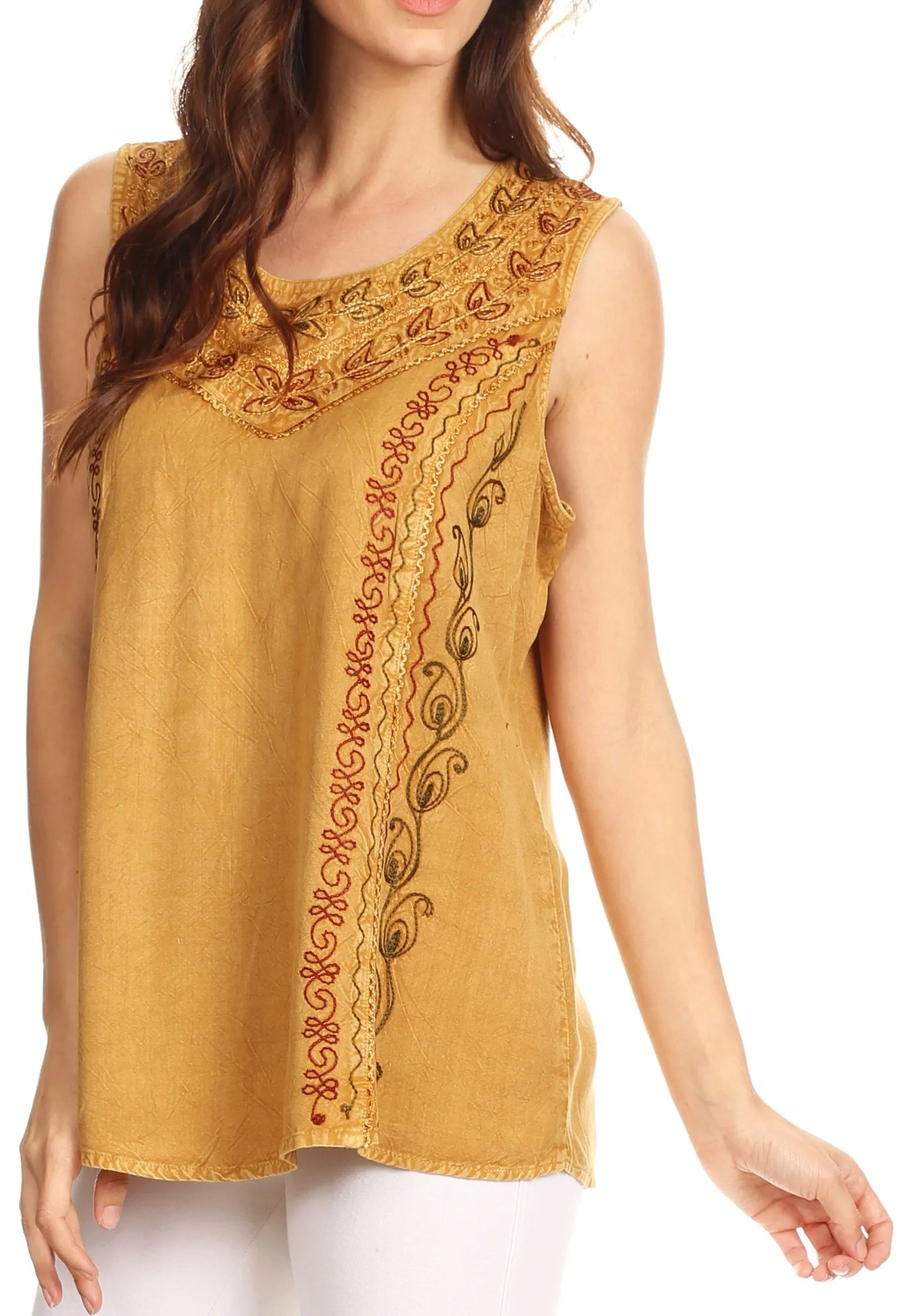 Sakkas Koonya Long Light Scoop Neck Nature Embroidered Sleeveless Tank Top Blouse