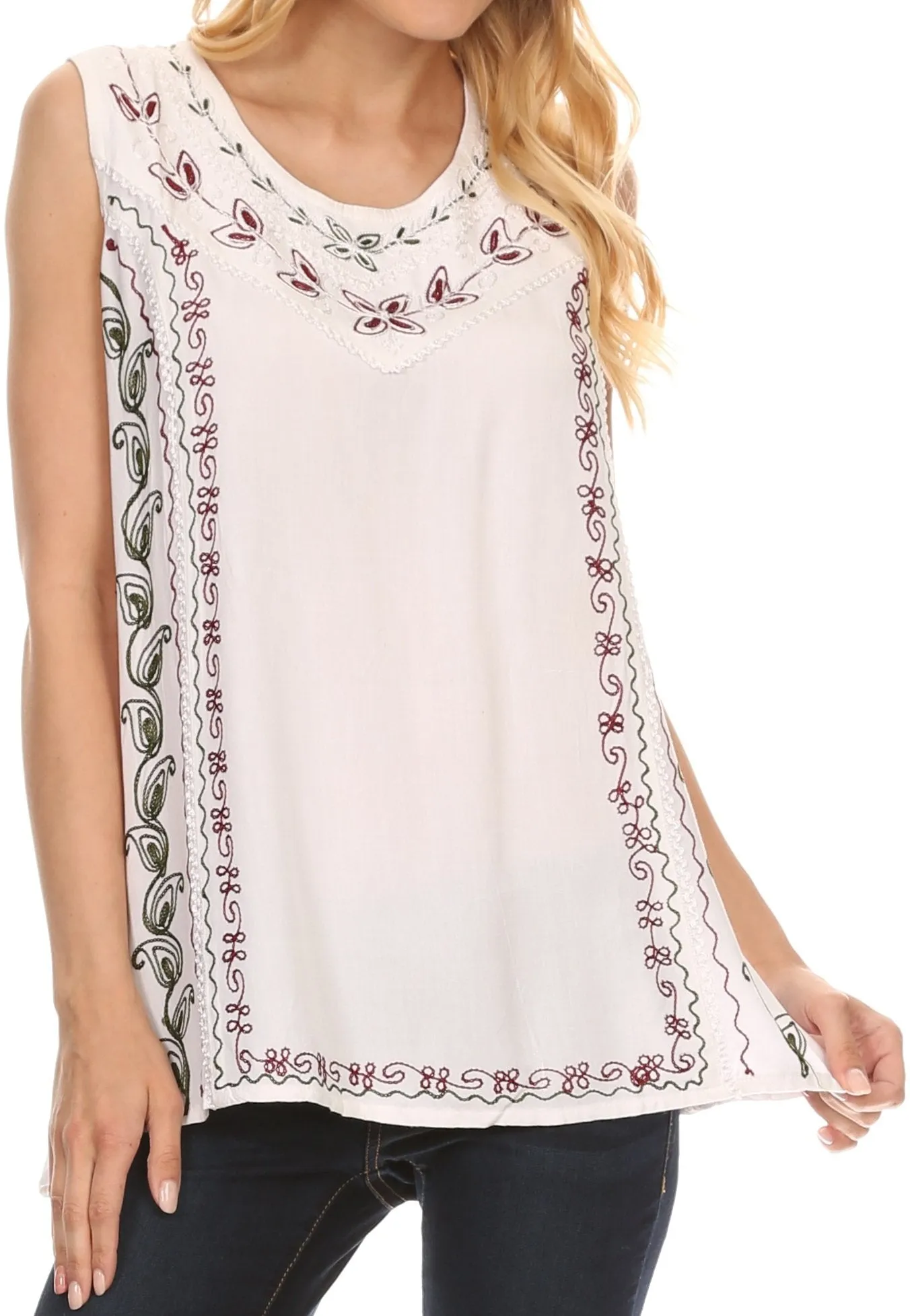 Sakkas Koonya Long Light Scoop Neck Nature Embroidered Sleeveless Tank Top Blouse