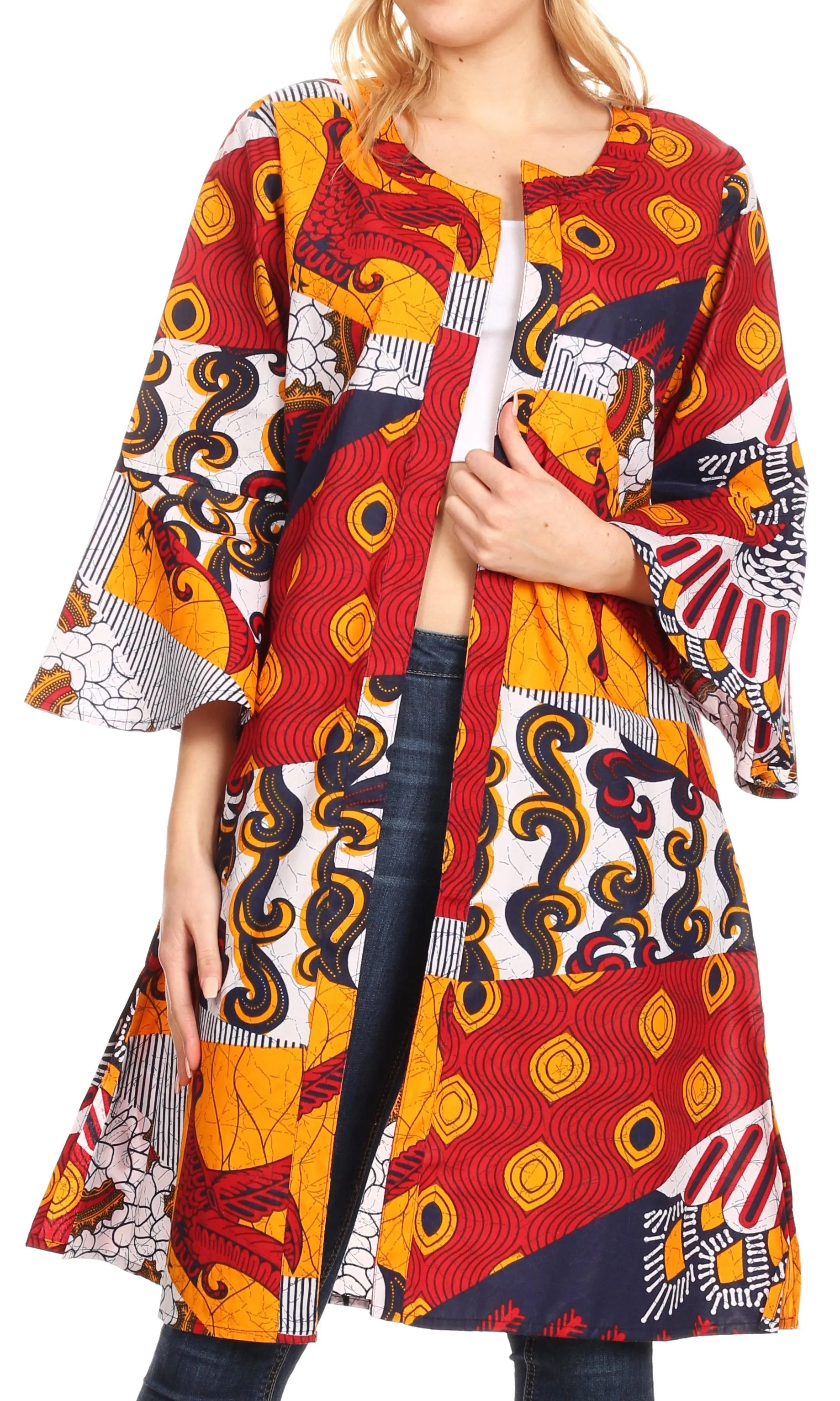 Sakkas Praya Women's Long Sleeve Open Front Cardigan Dress Coat African Ankara