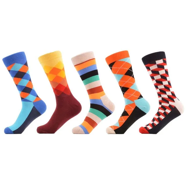 SANZETTI 5 Pairs/lot Men's Colorful Funny Combed Cotton Socks Argyle Filled Optic Striped Casual Dress Crew Socks Winter Socks