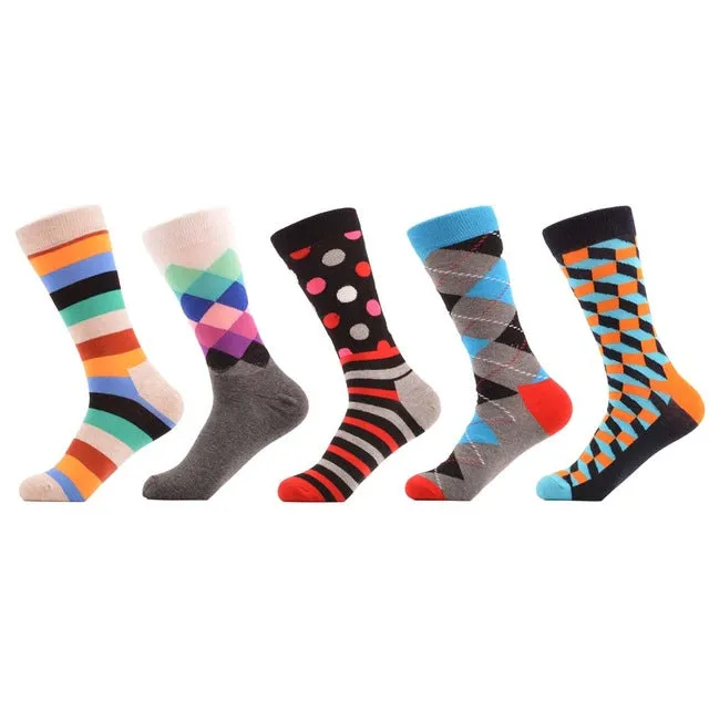 SANZETTI 5 Pairs/lot Men's Colorful Funny Combed Cotton Socks Argyle Filled Optic Striped Casual Dress Crew Socks Winter Socks