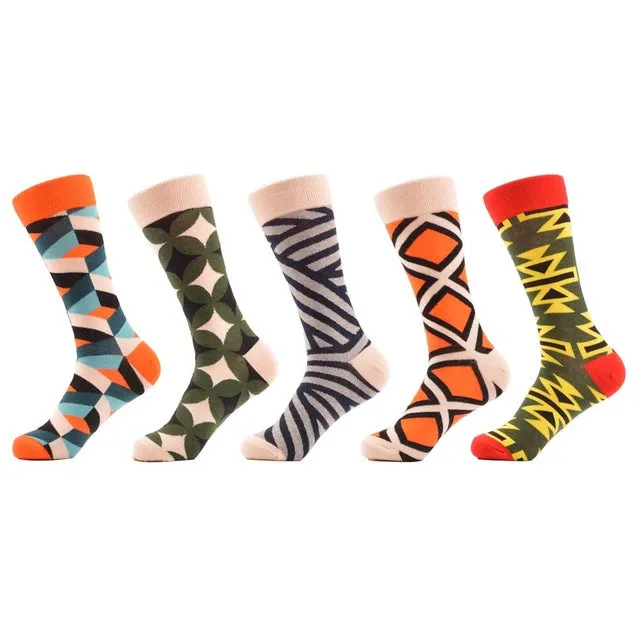 SANZETTI 5 Pairs/lot Men's Colorful Funny Combed Cotton Socks Argyle Filled Optic Striped Casual Dress Crew Socks Winter Socks