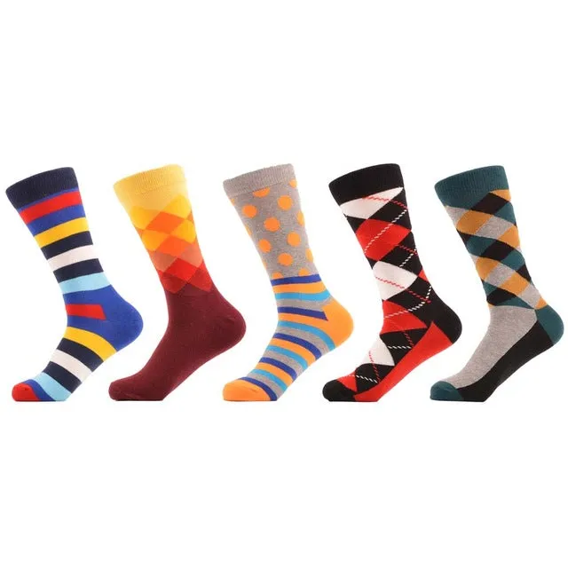 SANZETTI 5 Pairs/lot Men's Colorful Funny Combed Cotton Socks Argyle Filled Optic Striped Casual Dress Crew Socks Winter Socks