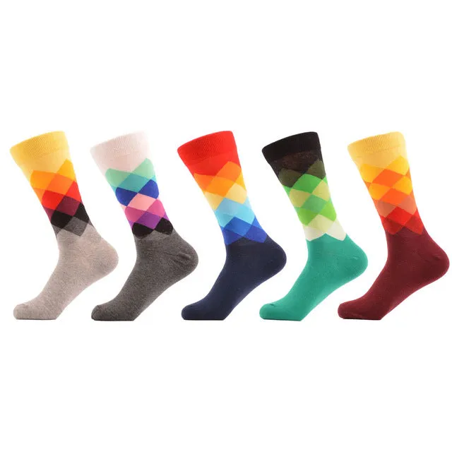 SANZETTI 5 Pairs/lot Men's Colorful Funny Combed Cotton Socks Argyle Filled Optic Striped Casual Dress Crew Socks Winter Socks