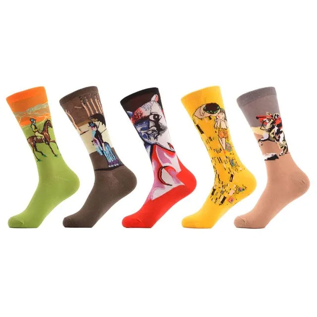 SANZETTI 5 Pairs/lot Men's Colorful Funny Combed Cotton Socks Argyle Filled Optic Striped Casual Dress Crew Socks Winter Socks