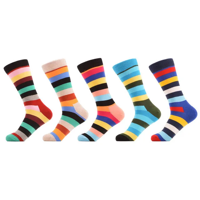 SANZETTI 5 Pairs/lot Men's Colorful Funny Combed Cotton Socks Argyle Filled Optic Striped Casual Dress Crew Socks Winter Socks