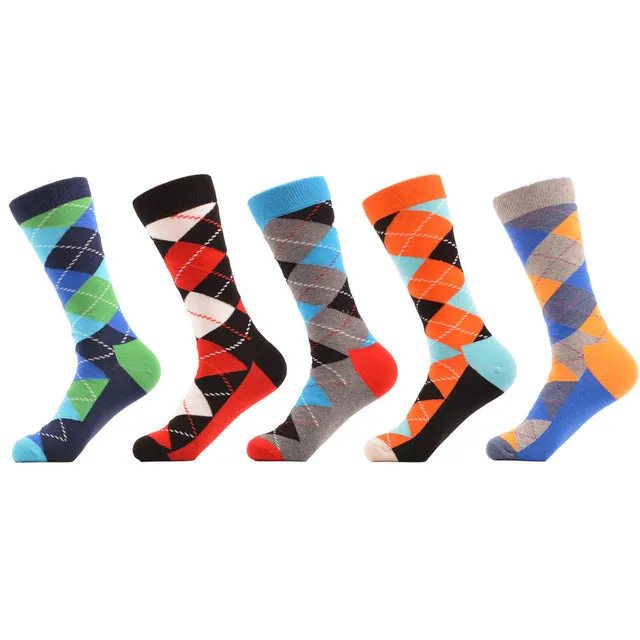 SANZETTI 5 Pairs/lot Men's Colorful Funny Combed Cotton Socks Argyle Filled Optic Striped Casual Dress Crew Socks Winter Socks