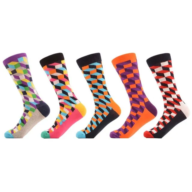 SANZETTI 5 Pairs/lot Men's Colorful Funny Combed Cotton Socks Argyle Filled Optic Striped Casual Dress Crew Socks Winter Socks