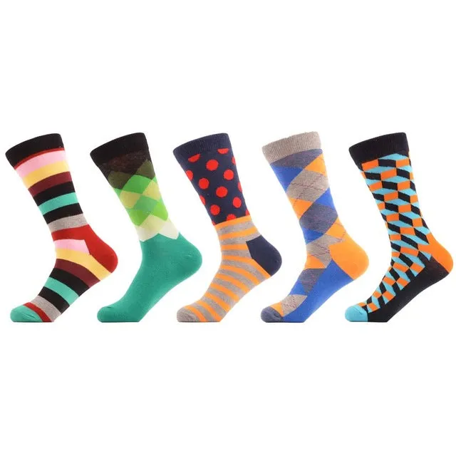 SANZETTI 5 Pairs/lot Men's Colorful Funny Combed Cotton Socks Argyle Filled Optic Striped Casual Dress Crew Socks Winter Socks