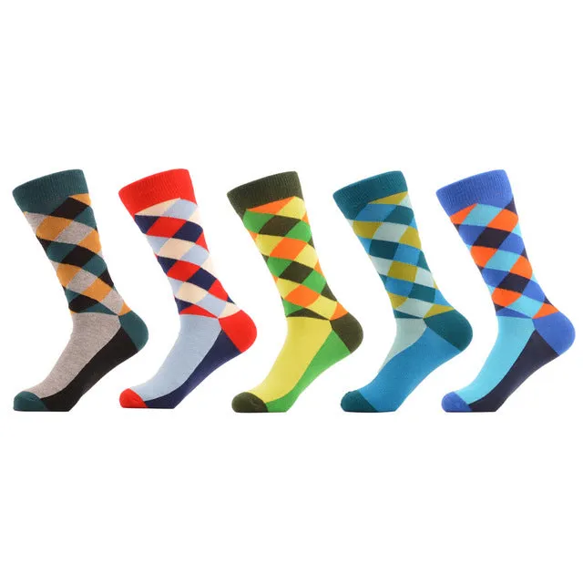 SANZETTI 5 Pairs/lot Men's Colorful Funny Combed Cotton Socks Argyle Filled Optic Striped Casual Dress Crew Socks Winter Socks