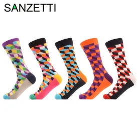 SANZETTI 5 Pairs/lot Men's Colorful Funny Combed Cotton Socks Argyle Filled Optic Striped Casual Dress Crew Socks Winter Socks