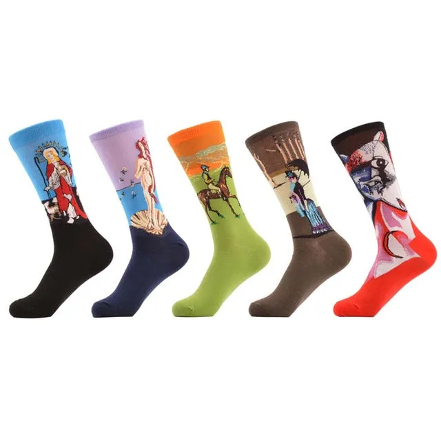 SANZETTI 5 Pairs/lot Men's Colorful Funny Combed Cotton Socks Argyle Filled Optic Striped Casual Dress Crew Socks Winter Socks