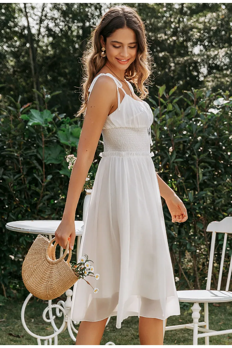 Sleeveless Deep V-Neck Backless Ruched Summer Chiffon White Dress