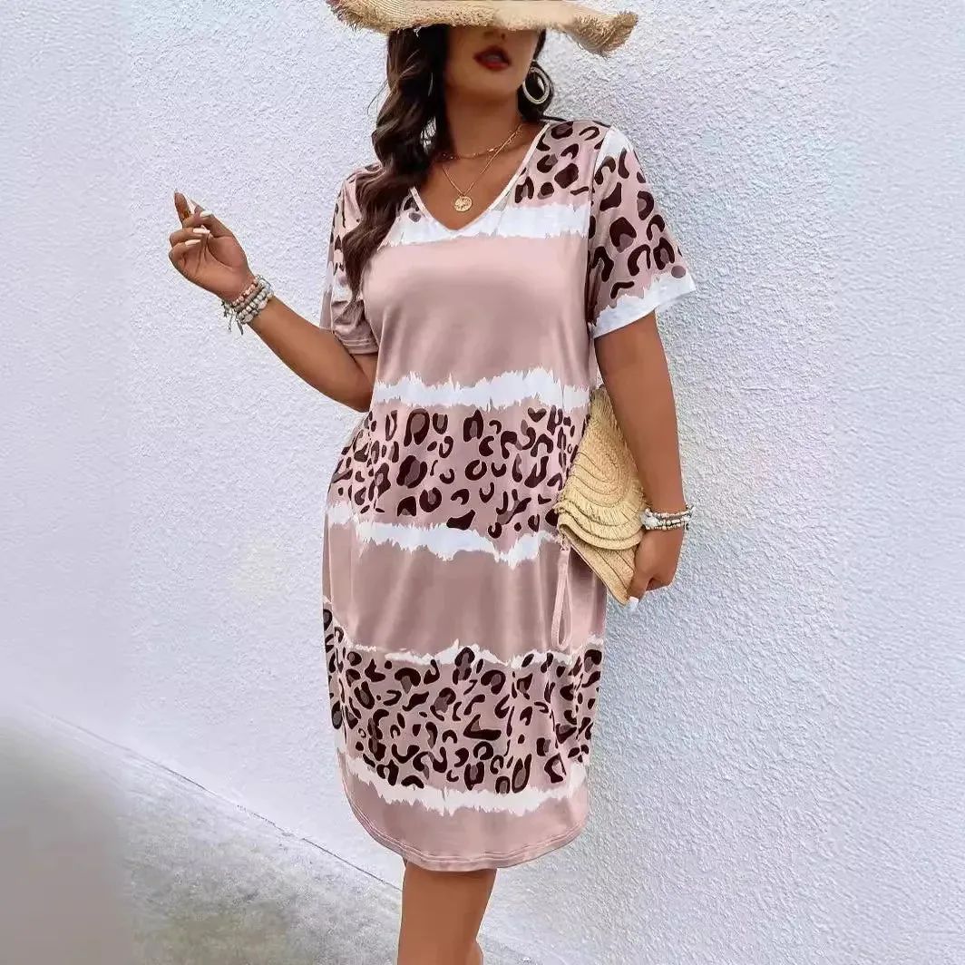 Spring Summer Plus Size  Women's   Dresses  Fashion  Leopard V-Neck  Casual Loose Comfortable Dress