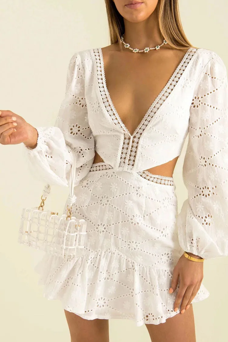 Sweet Broderie Anglaise Deep V Cutout Long Sleeve Mini Dress - White