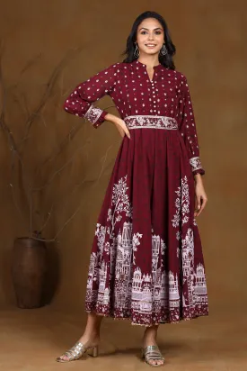 Wine Georgette Printed Flared Maxi Dress