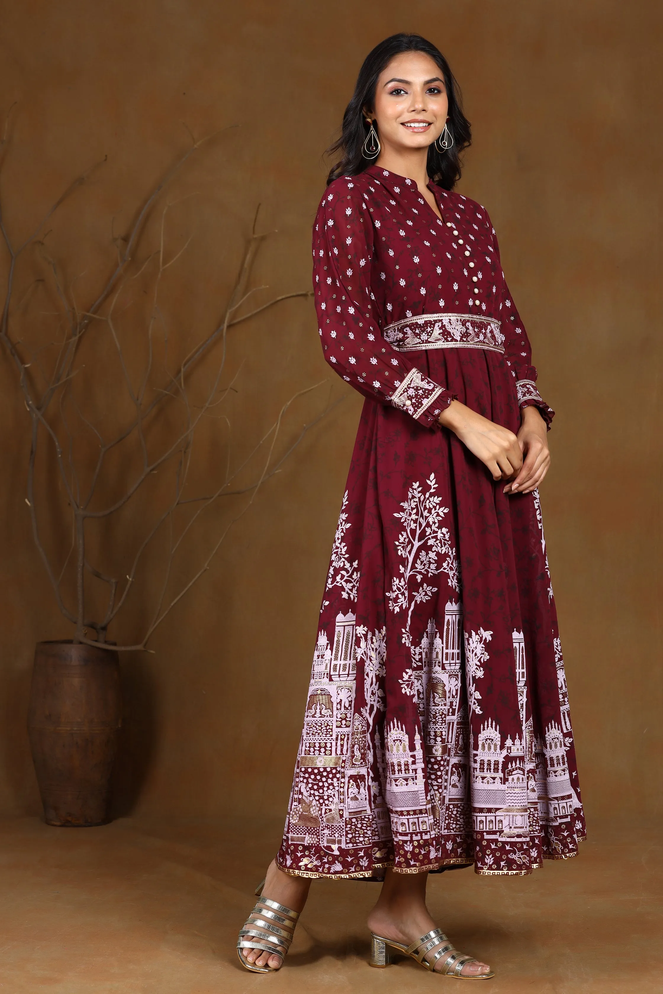 Wine Georgette Printed Flared Maxi Dress