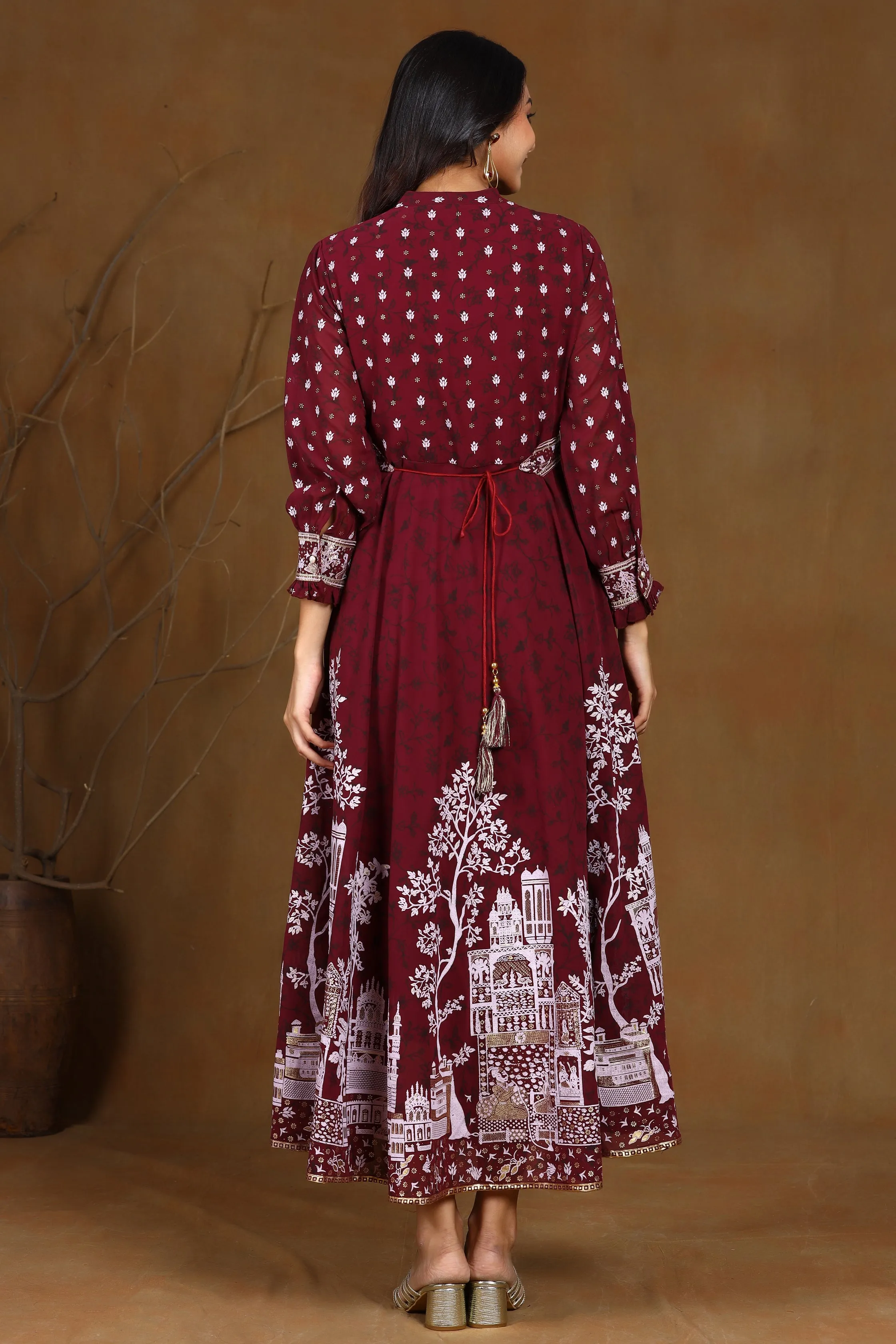 Wine Georgette Printed Flared Maxi Dress