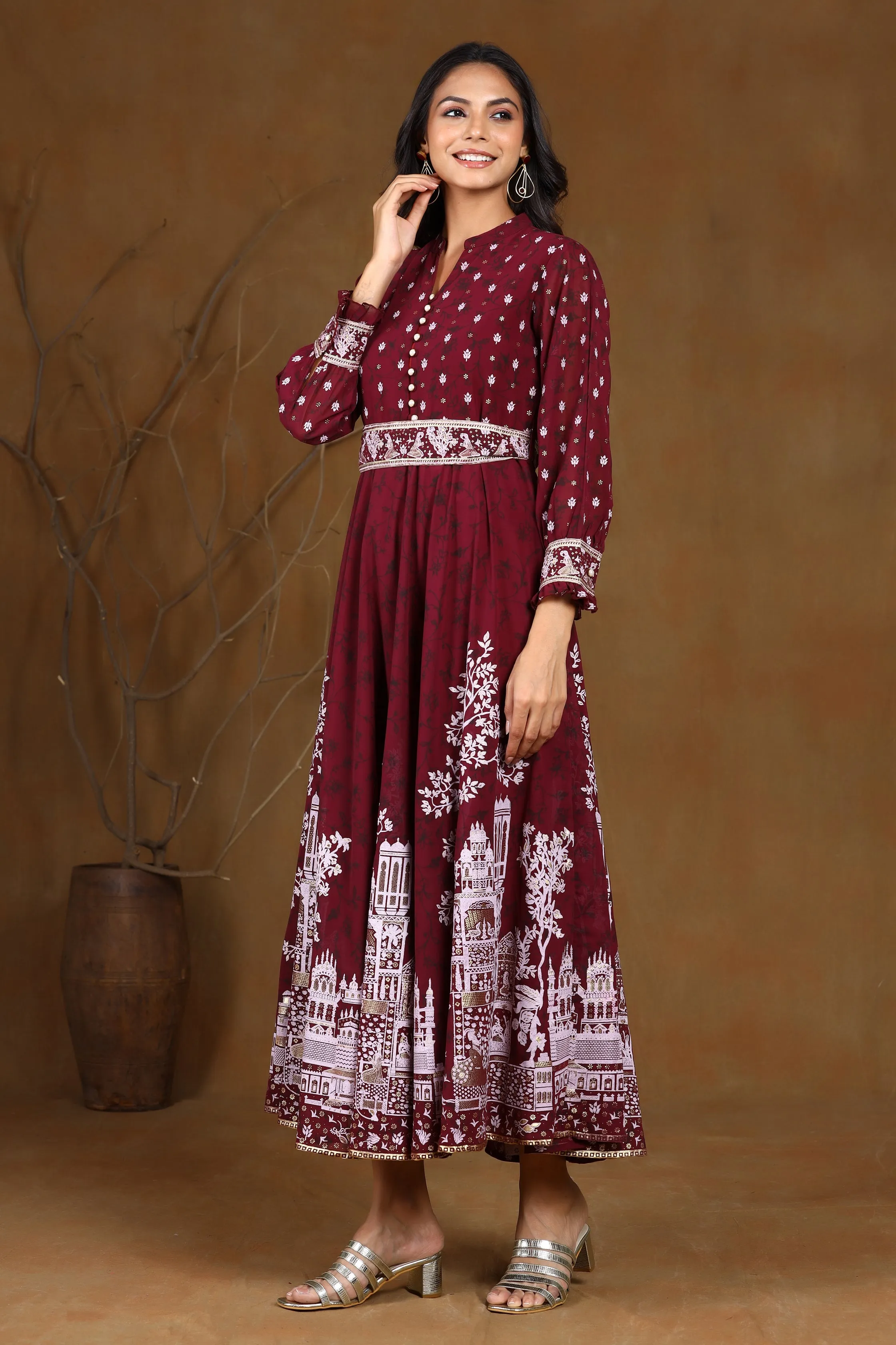 Wine Georgette Printed Flared Maxi Dress