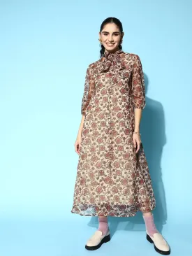 Women Beige Organza,Cotton Dress