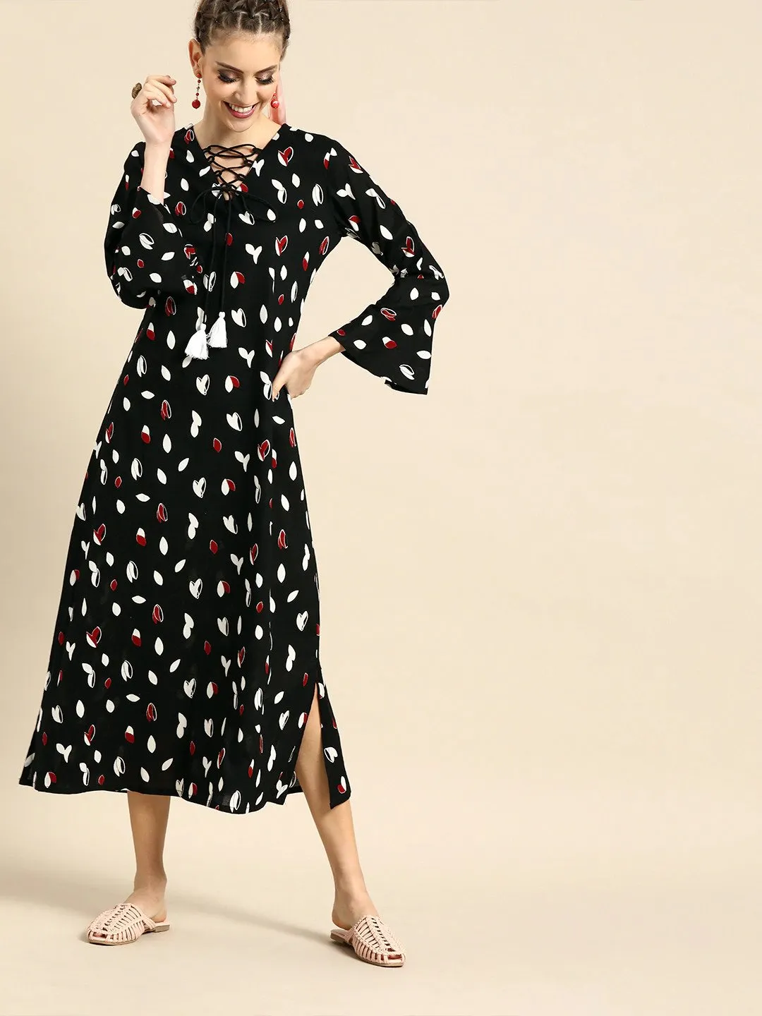 Women Black & White Printed A-Line Dress