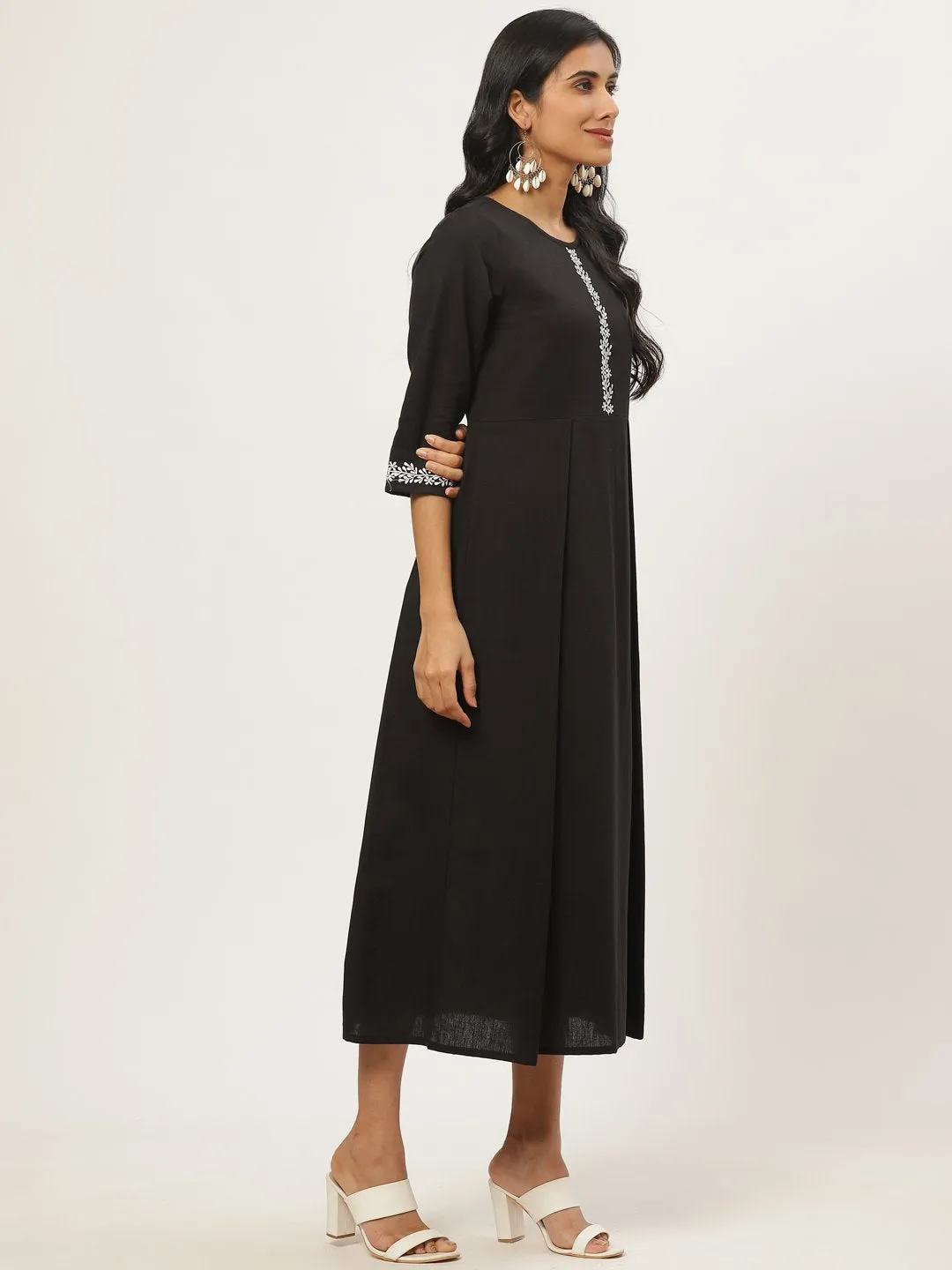 Women Black Solid Solid Round Neck Cotton Fit And Flare Dress