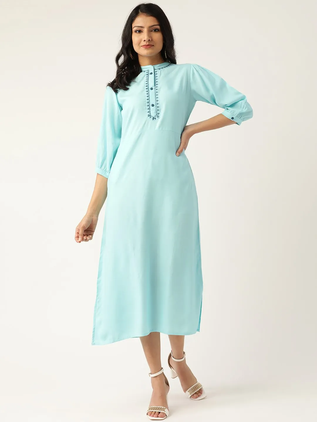 Women Blue Solid Solid Mandarin Collar Viscose Rayon A-Line Dress