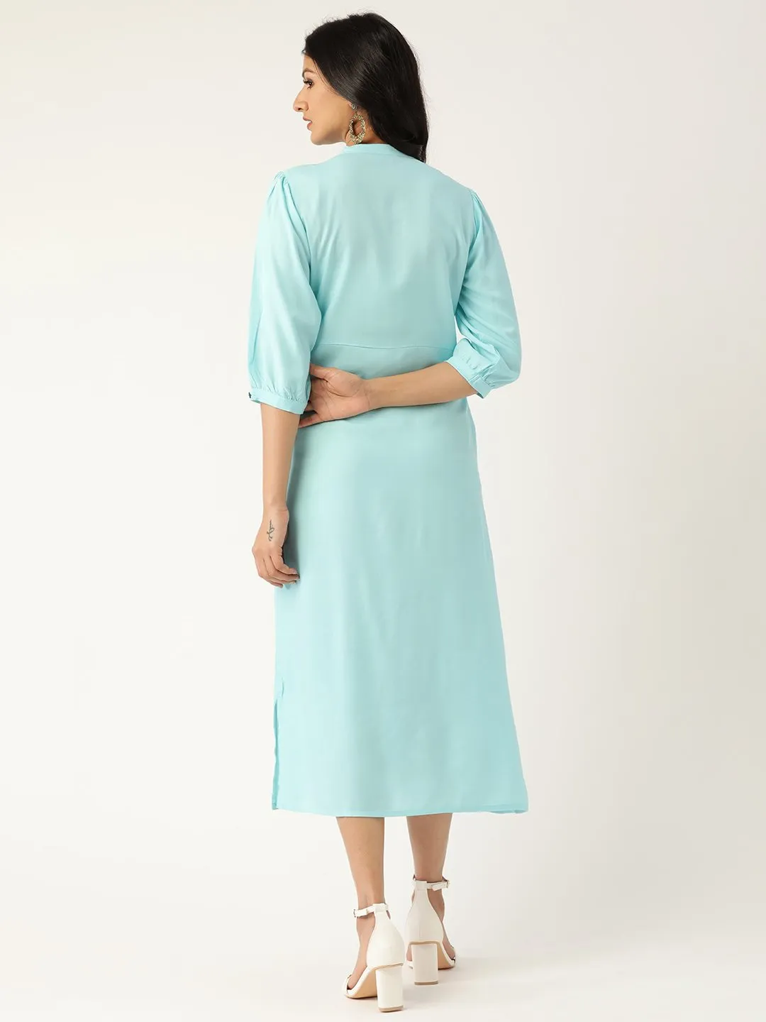 Women Blue Solid Solid Mandarin Collar Viscose Rayon A-Line Dress