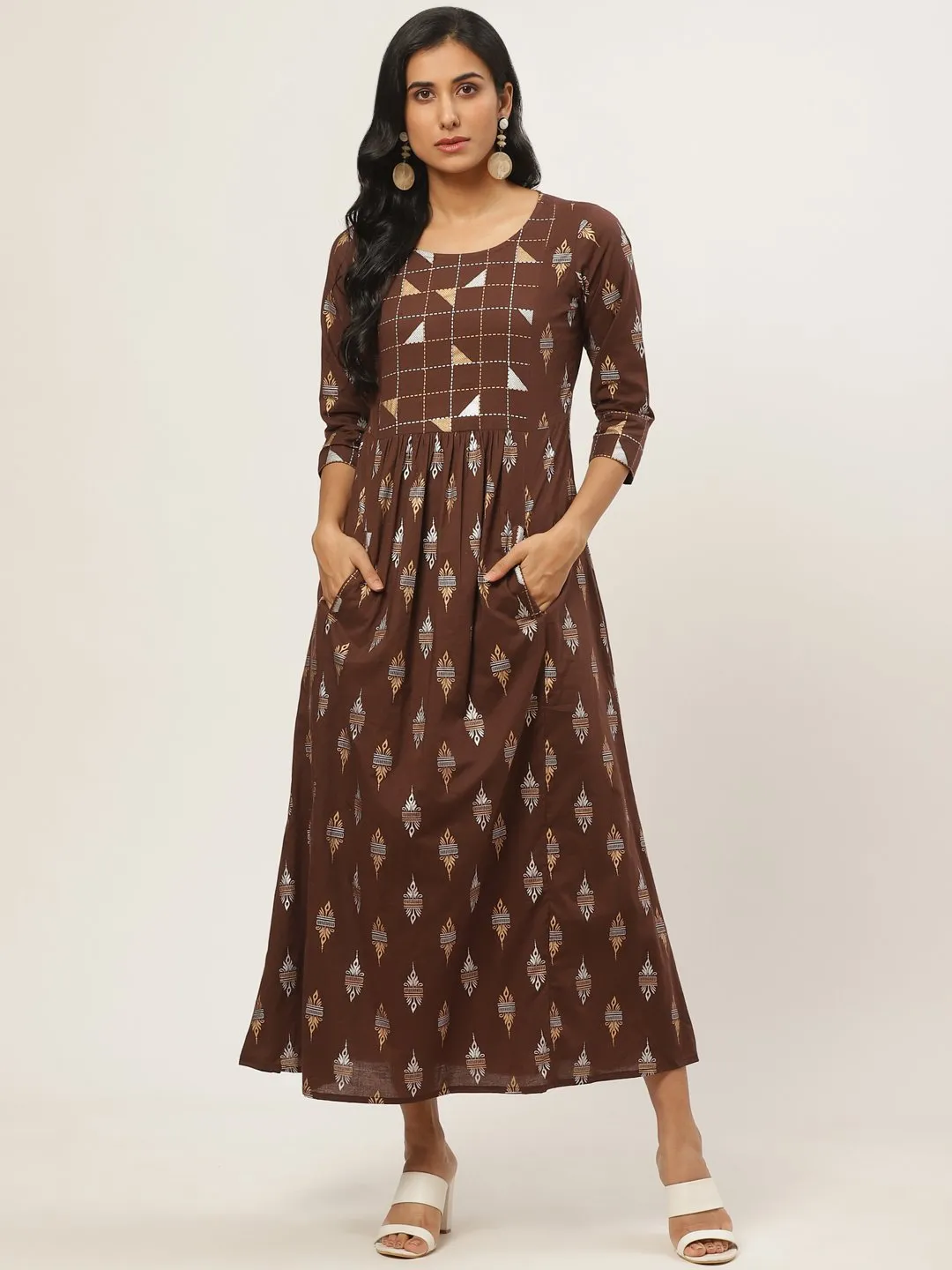 Women Brown Ethnic Motifs Printed Round Neck Cotton Fit And Flare Dress