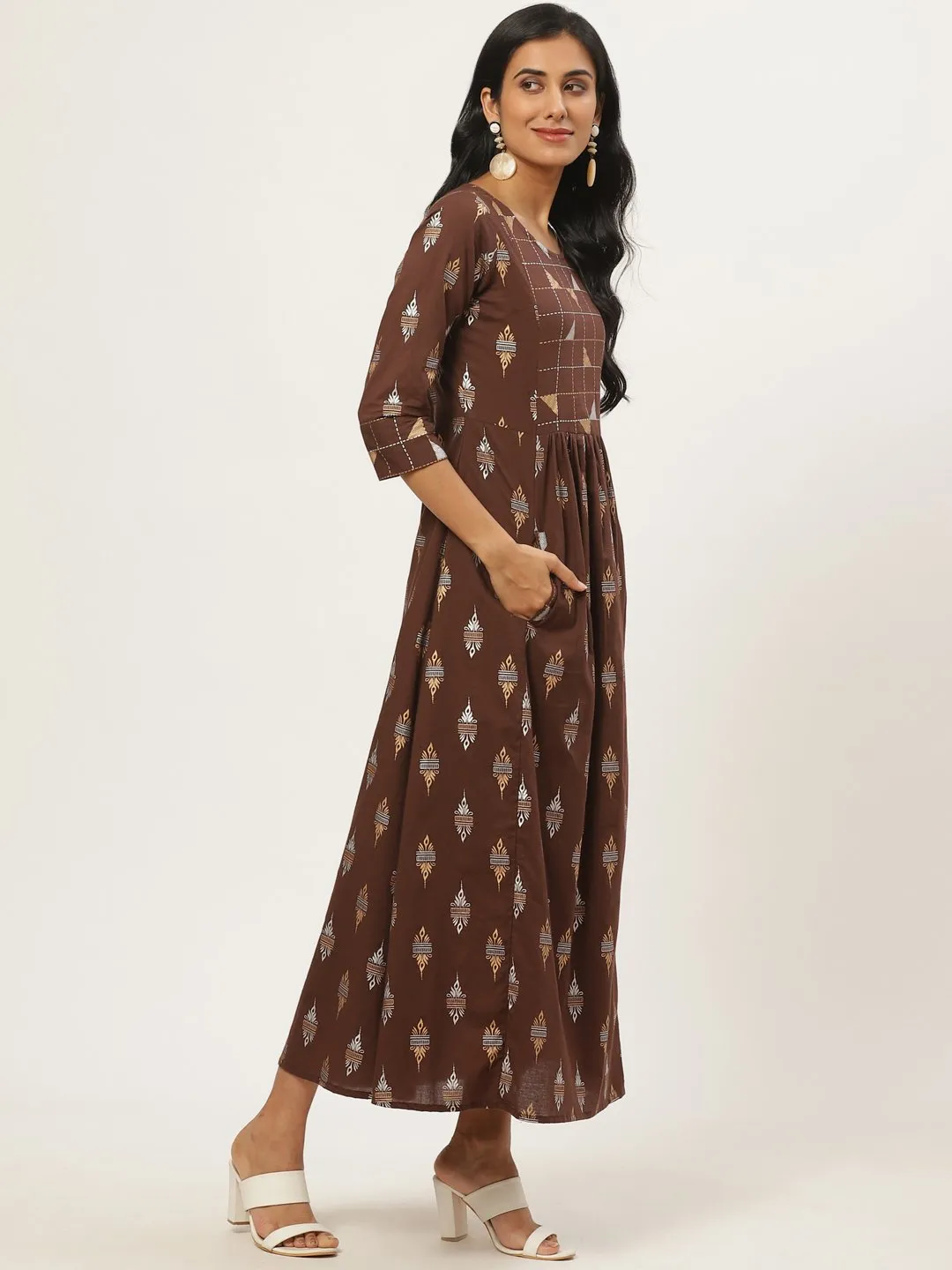 Women Brown Ethnic Motifs Printed Round Neck Cotton Fit And Flare Dress