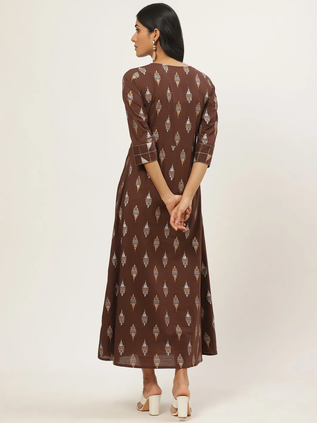 Women Brown Ethnic Motifs Printed Round Neck Cotton Fit And Flare Dress