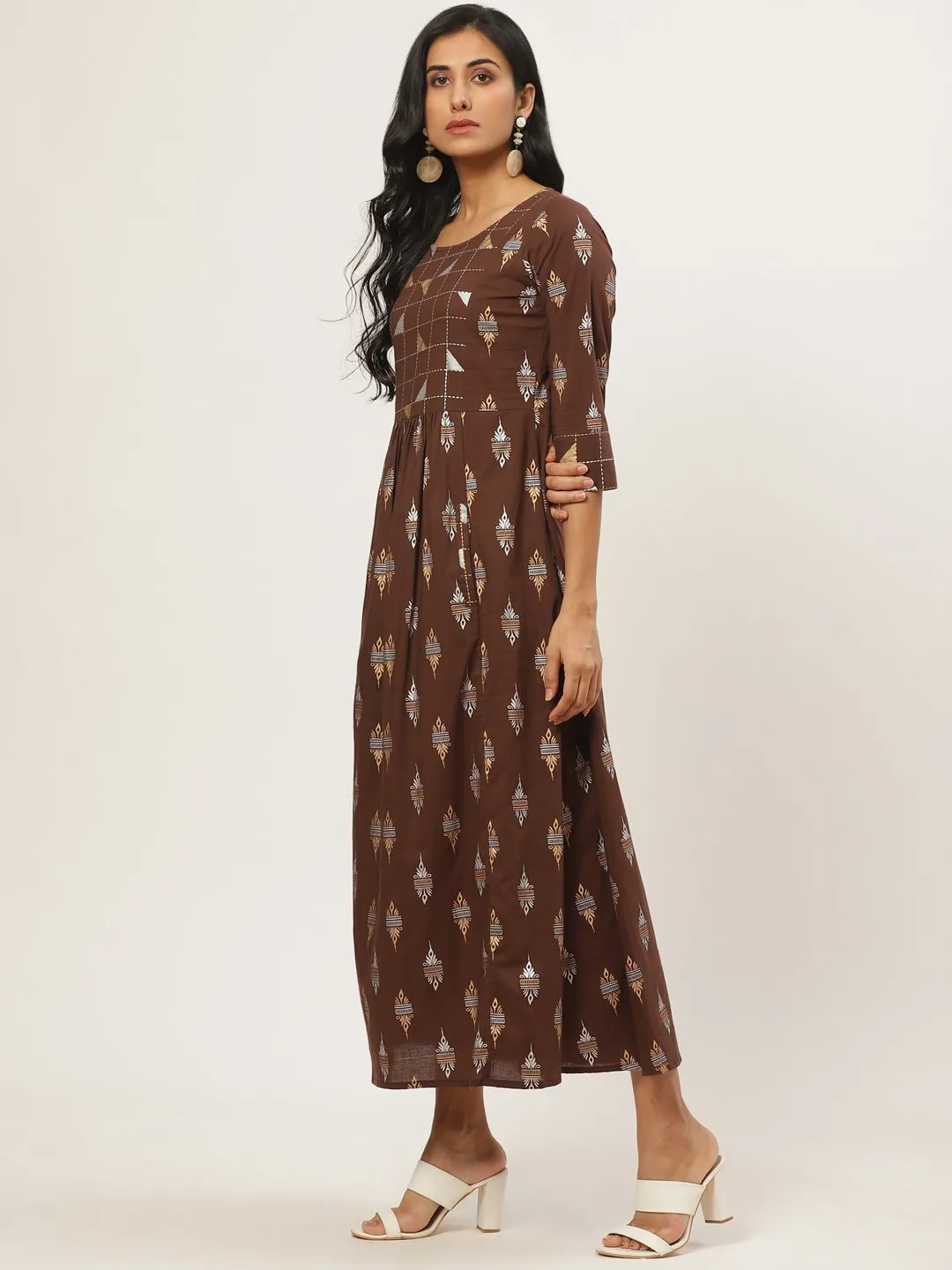 Women Brown Ethnic Motifs Printed Round Neck Cotton Fit And Flare Dress