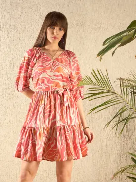 Women Coral Abstract Water Paint Tiered Mini Dress