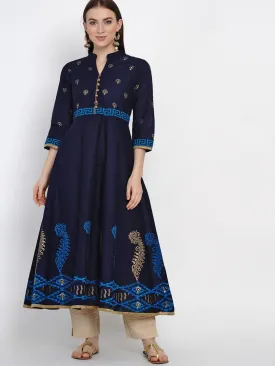 Women Coral Blue Cotton Anarkali With Ajrakh Hand Block Print