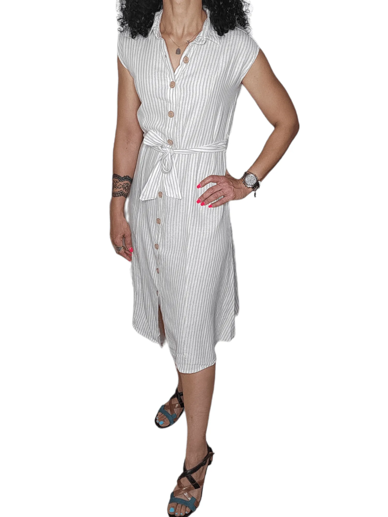 Women Dress - Linen كتان - S.Oliver (wooden buttons) - Off White (Stripped)