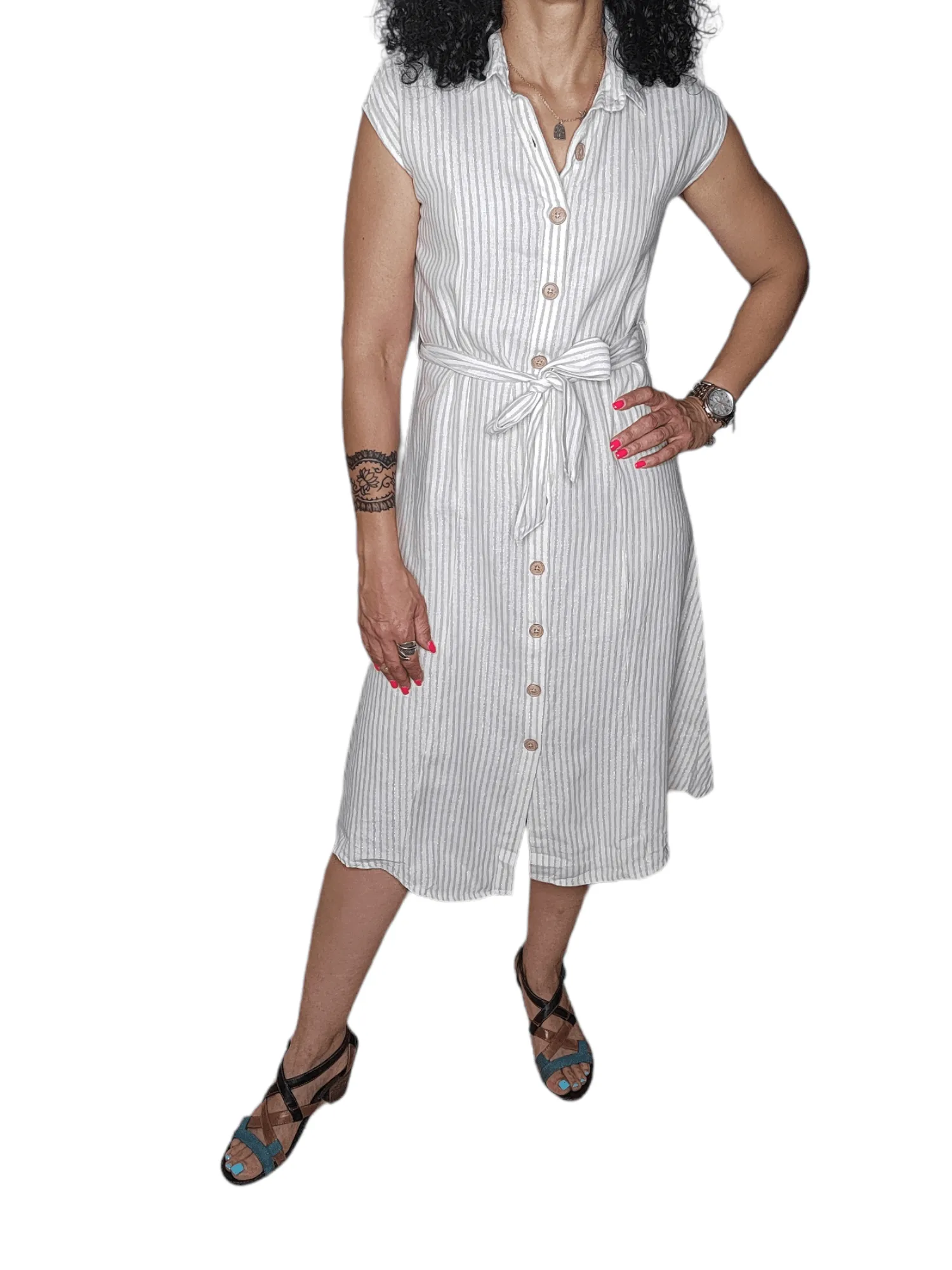 Women Dress - Linen كتان - S.Oliver (wooden buttons) - Off White (Stripped)