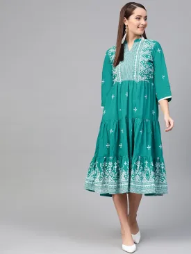 Women Green & White Tribal Printed Fit And Flare Dress