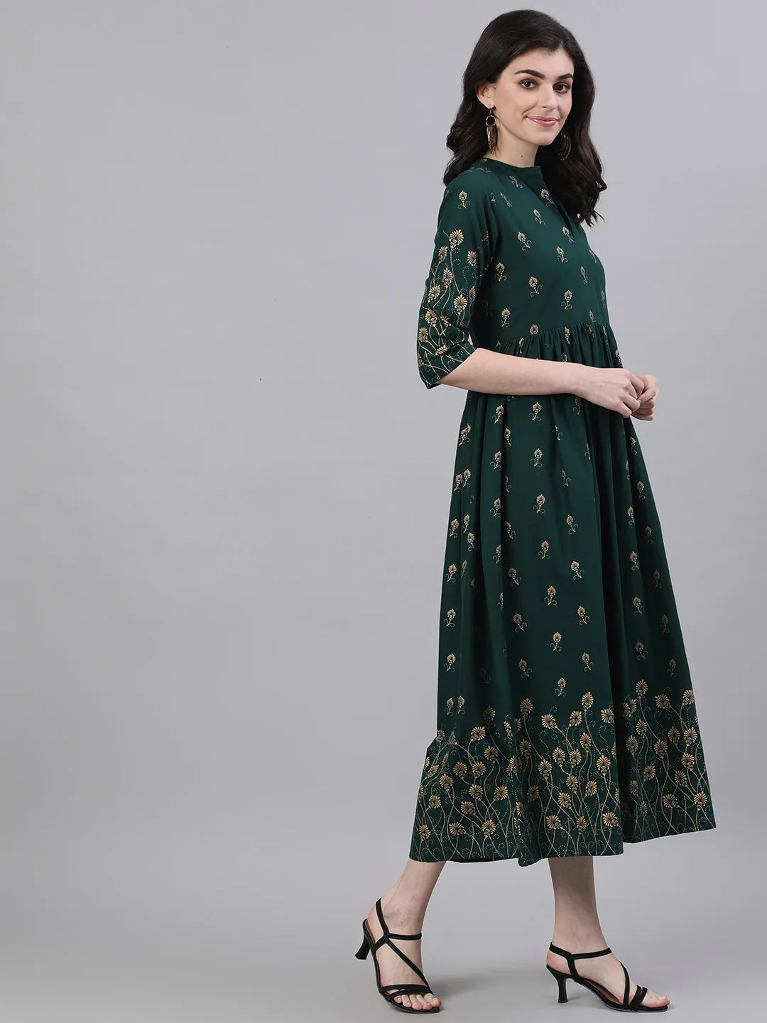 Women Green Ethnic Motifs Printed Mandarin Collar Cotton Maxi Dress