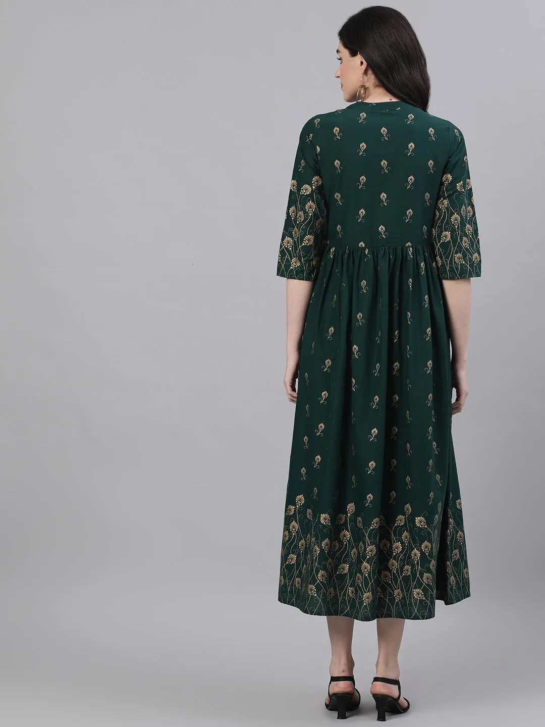 Women Green Ethnic Motifs Printed Mandarin Collar Cotton Maxi Dress