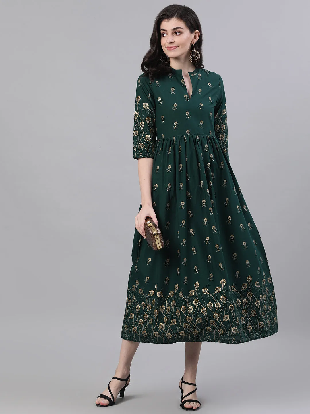 Women Green Ethnic Motifs Printed Mandarin Collar Cotton Maxi Dress