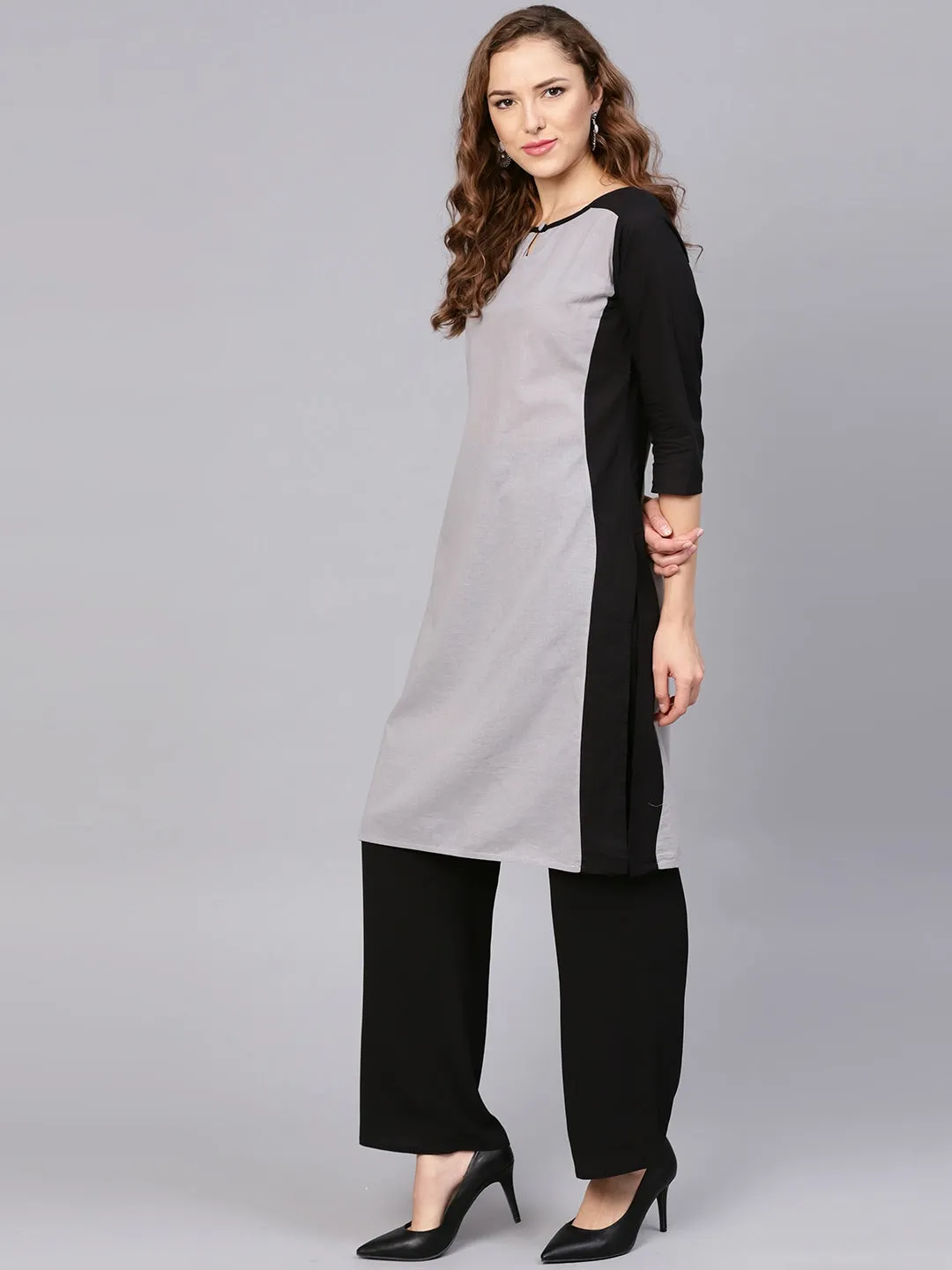 Women Grey & Black Straight Kurta