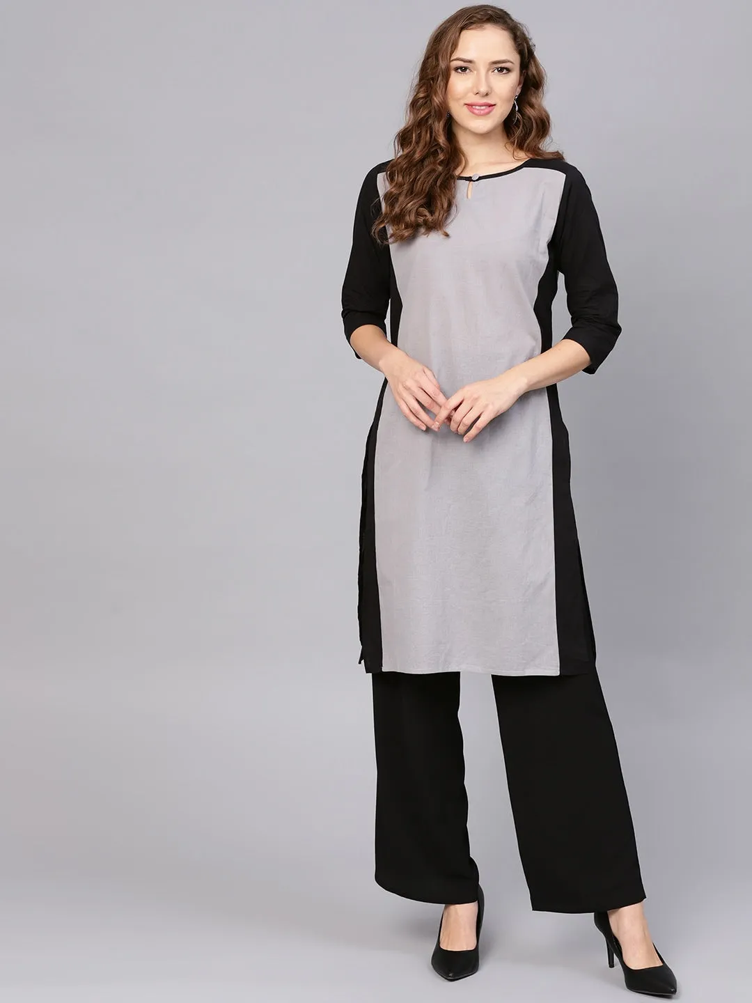 Women Grey & Black Straight Kurta