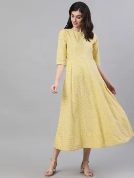 Women Lemon Yellow Ethnic Motifs Printed Round Neck Cotton Maxi Dress