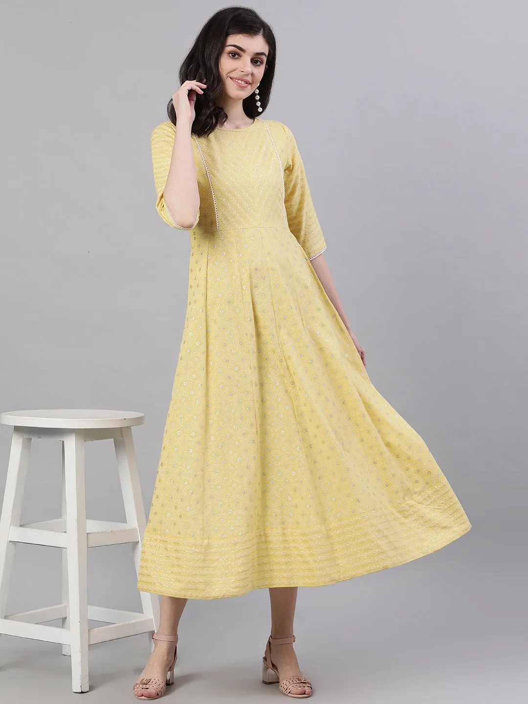 Women Lemon Yellow Ethnic Motifs Printed Round Neck Cotton Maxi Dress