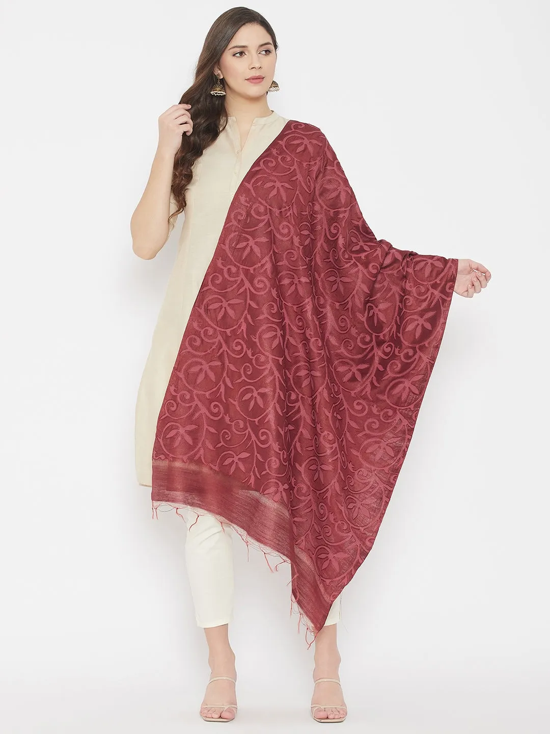 Women Maroon Embroidered Silk Dupatta