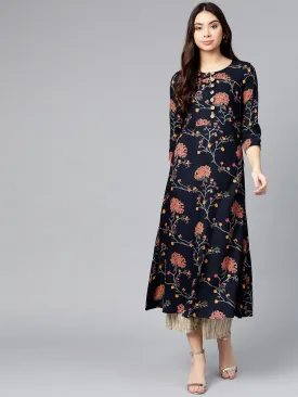 Women Navy & Pink Printed Kurta