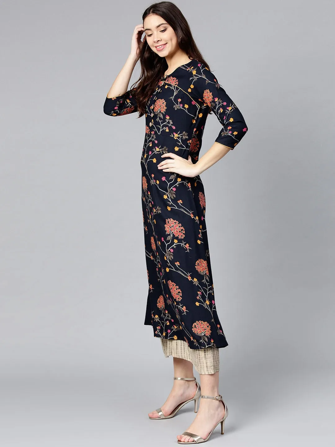 Women Navy & Pink Printed Kurta