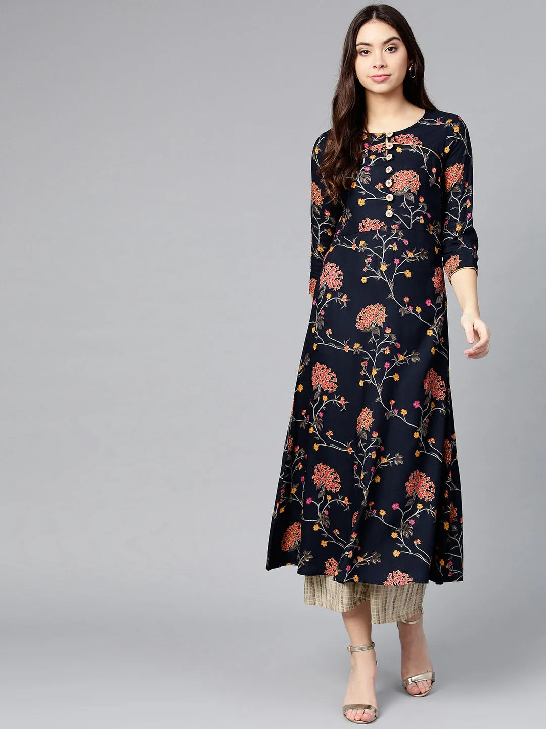 Women Navy & Pink Printed Kurta